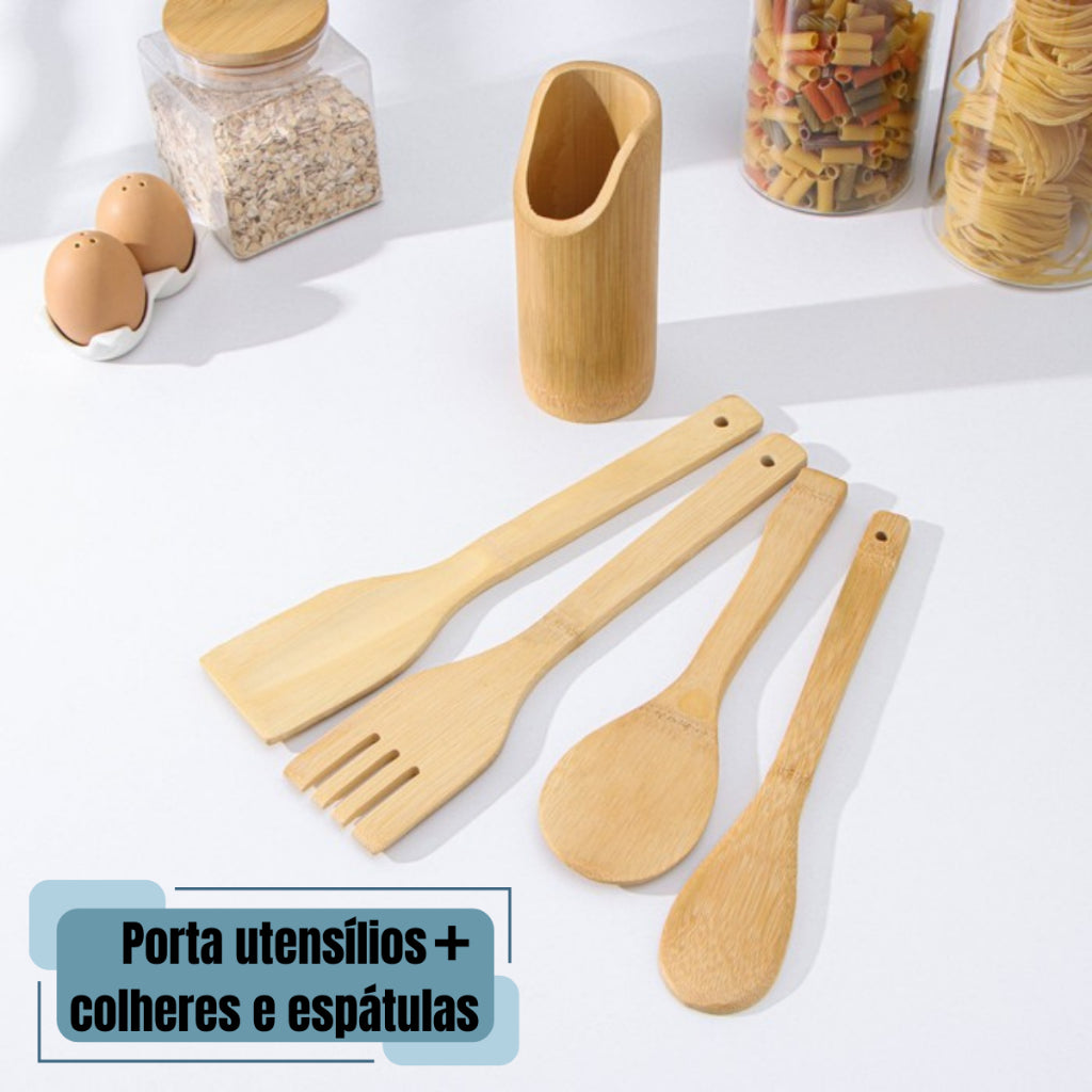 Jogo de Talheres de Cozinha em Bambu com Suporte