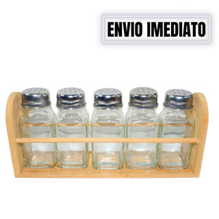 Kit Porta condimentos de bambu + 5 potes 80 ml para cozinha armazenador de temperos