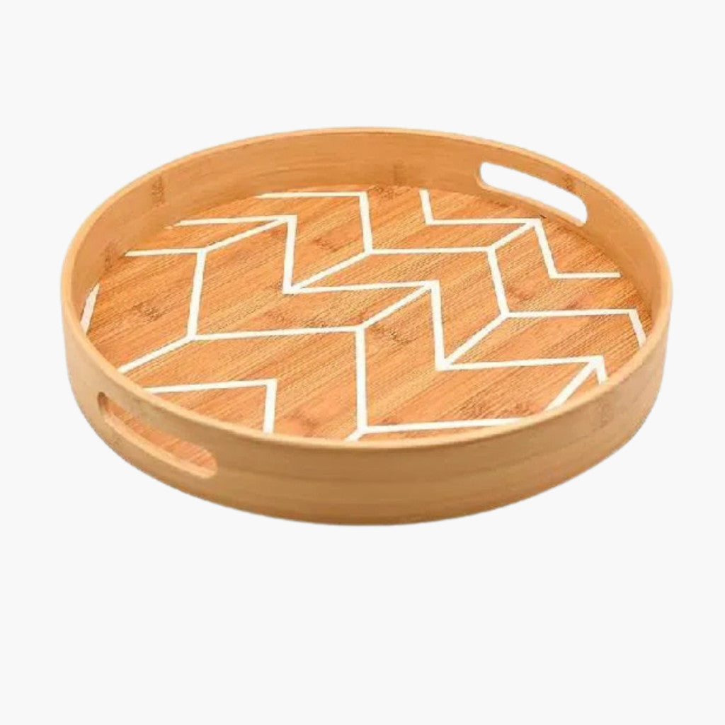Bandeja De Bambu 30CM Com Alças Para Servir Ou Decoração Redonda Com Detalhes Brancos - Wellmix