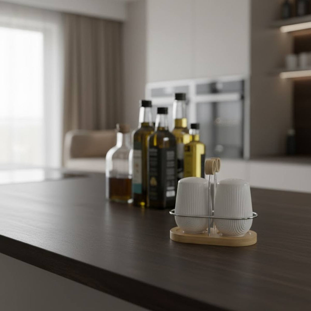 Saleiro e Pimenteiro Oasis com Suporte de Bambu – Design Elegante e Funcional