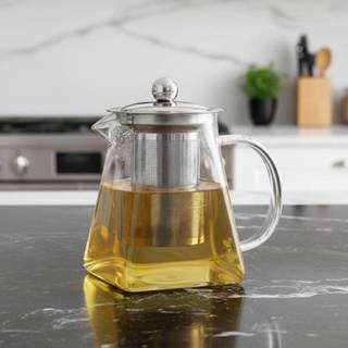 Chaleira Bule de Vidro Borossilicato 550ml Quadrada com Infusor Inox – Resistente ao Fogo