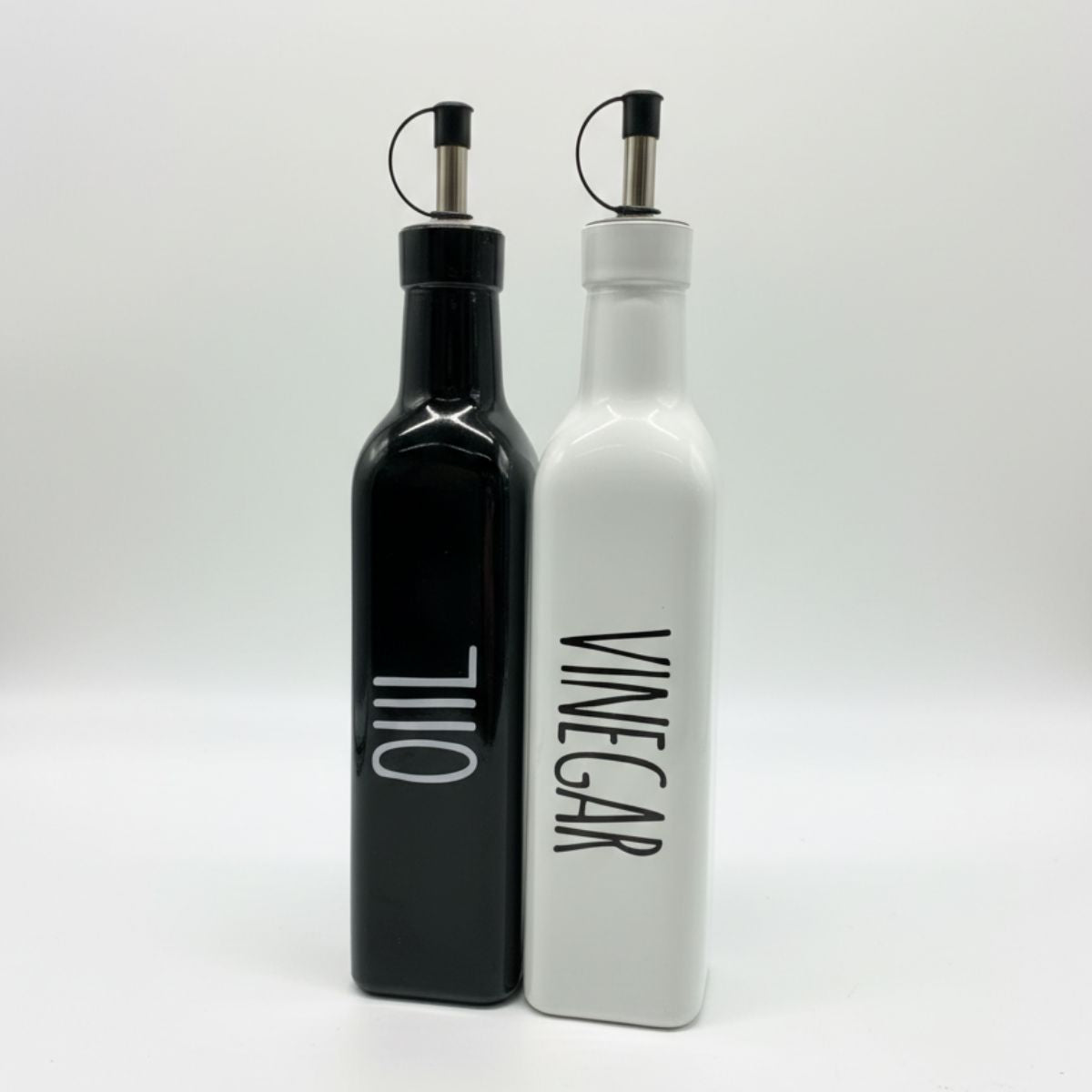 Conjunto Galheteiro Azeite e Vinagre 290ml Vidro Luxo Branco e Preto Minimalista Porta Condimentos