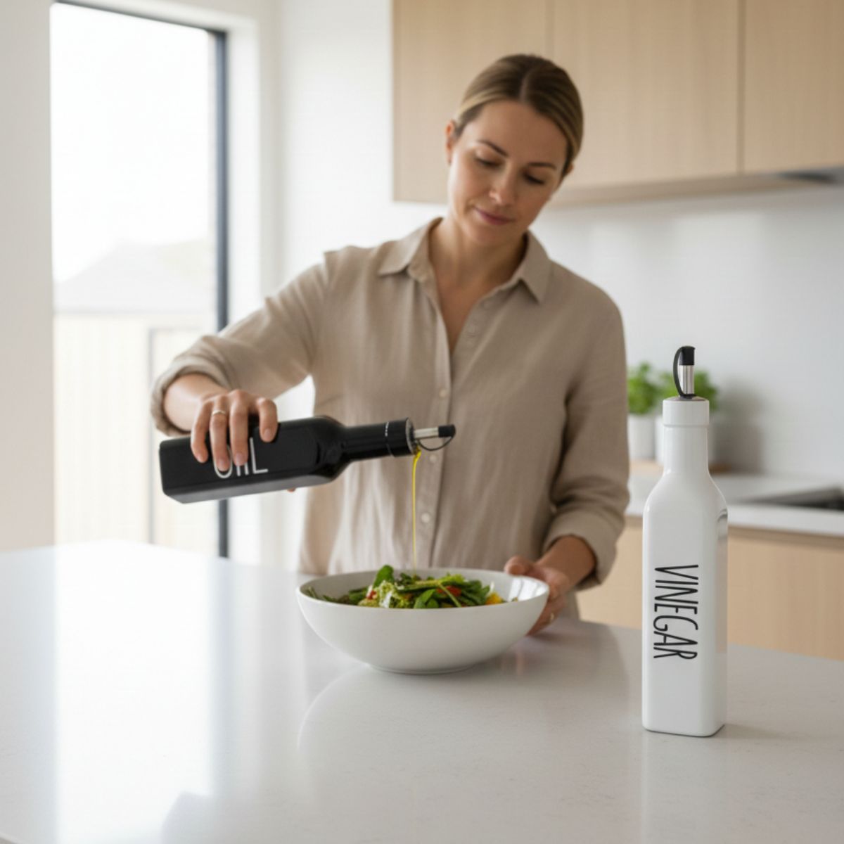 Conjunto Galheteiro Azeite e Vinagre 290ml Vidro Luxo Branco e Preto Minimalista Porta Condimentos