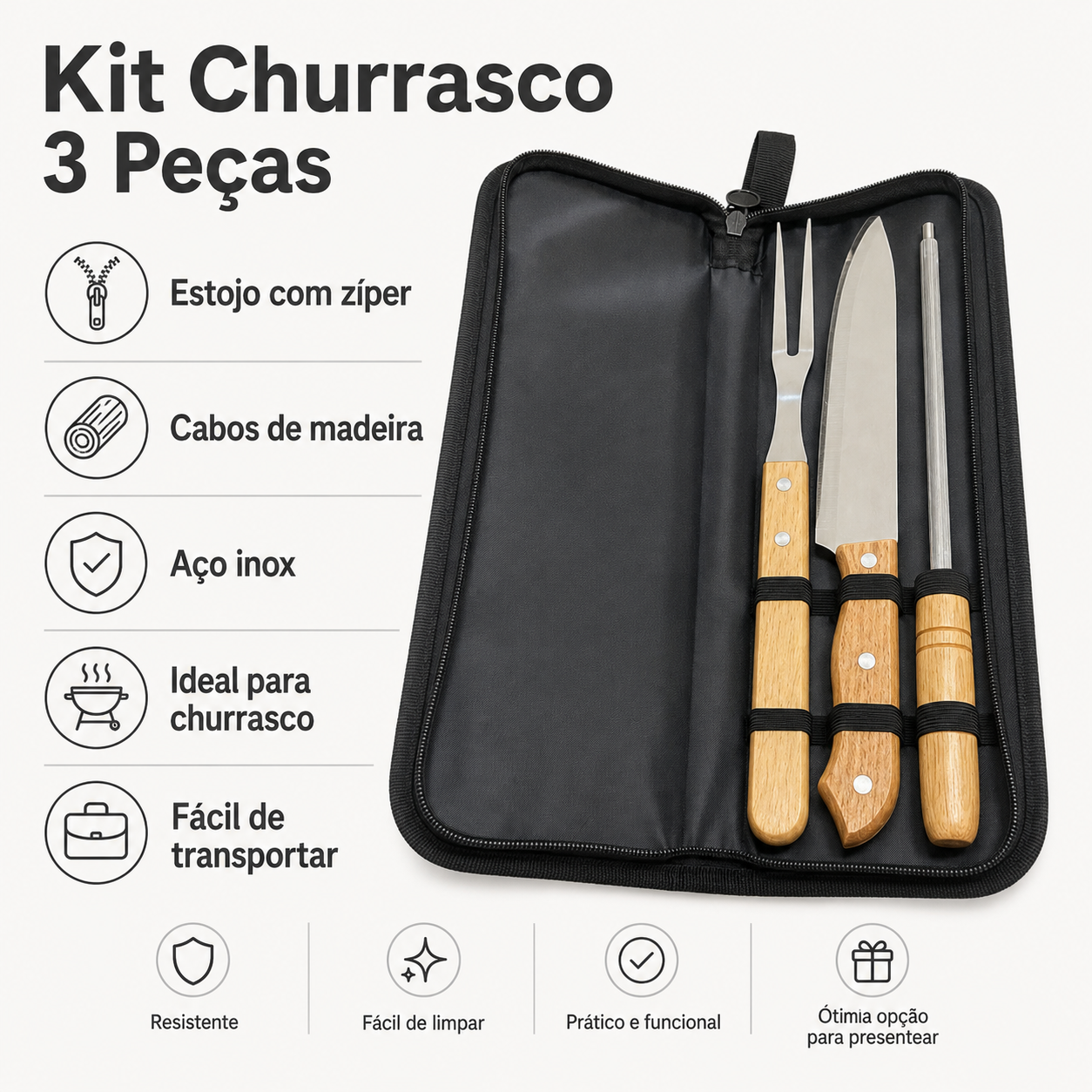 Kit Churrasco 3 Peças Aço Inox Cabo Madeira Com Estojo