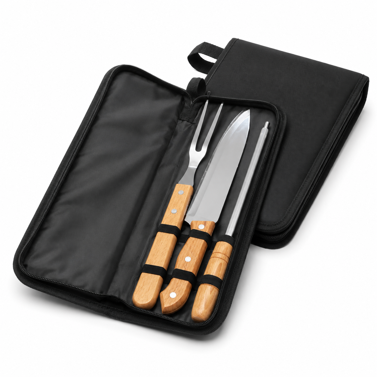 Kit Churrasco 3 Peças Aço Inox Cabo Madeira Com Estojo