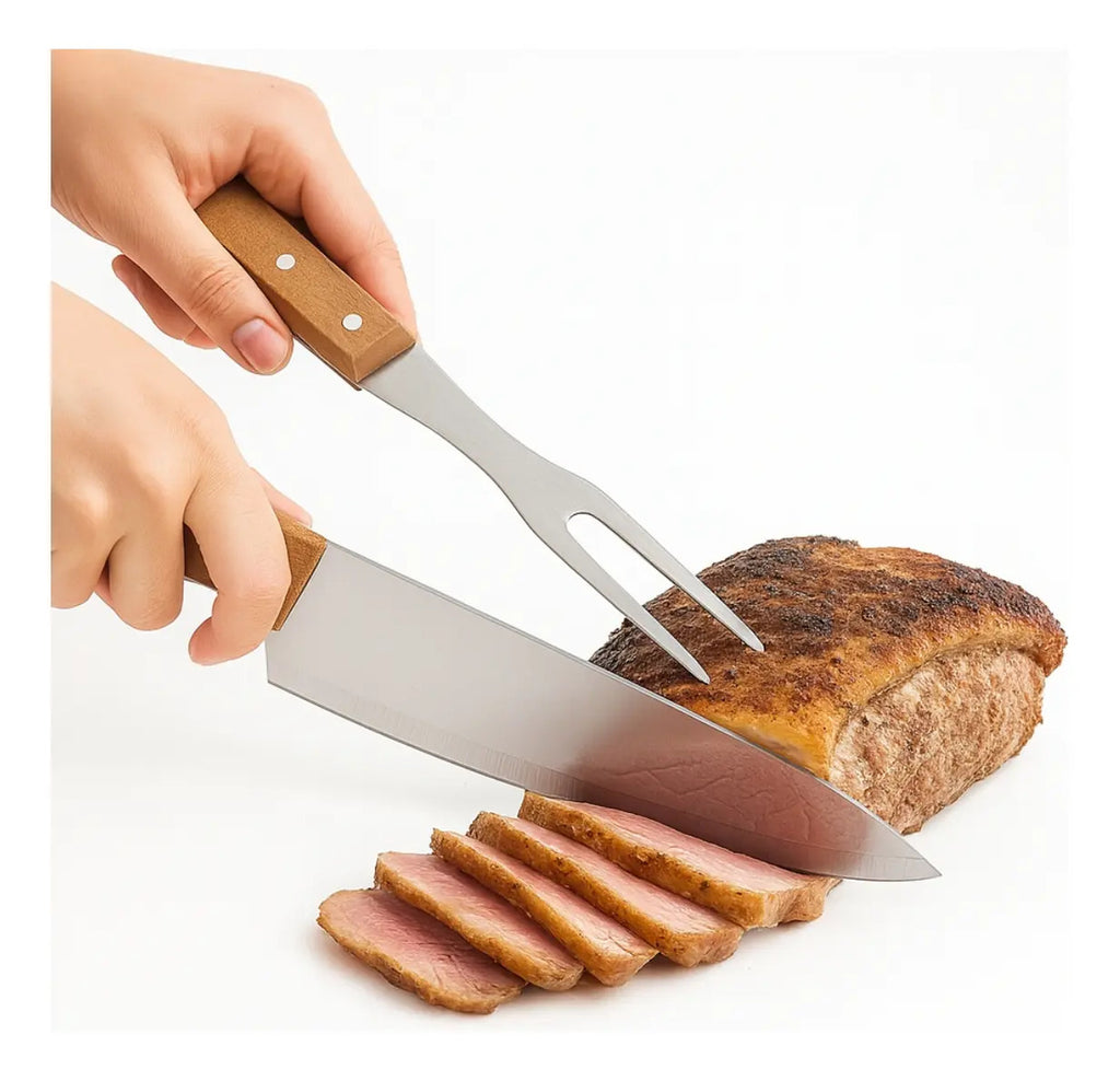 Kit Churrasco 3 Peças Aço Inox Cabo Madeira Com Estojo