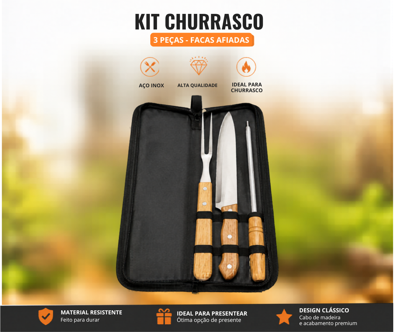 Kit Churrasco 3 Peças Aço Inox Cabo Madeira Com Estojo
