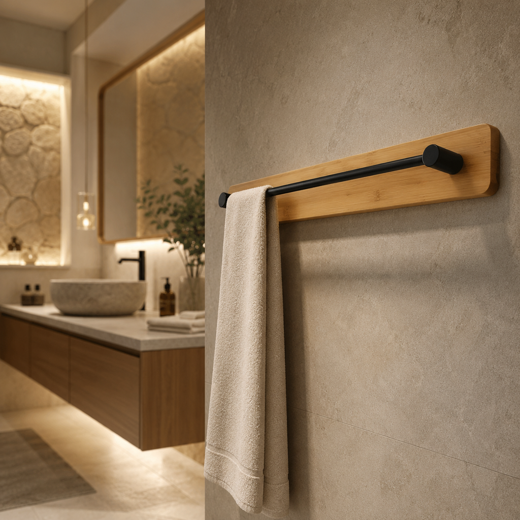 Suporte Porta Toalha de Banho Bambu Sem Furos com Adesivo Ultra Resistente