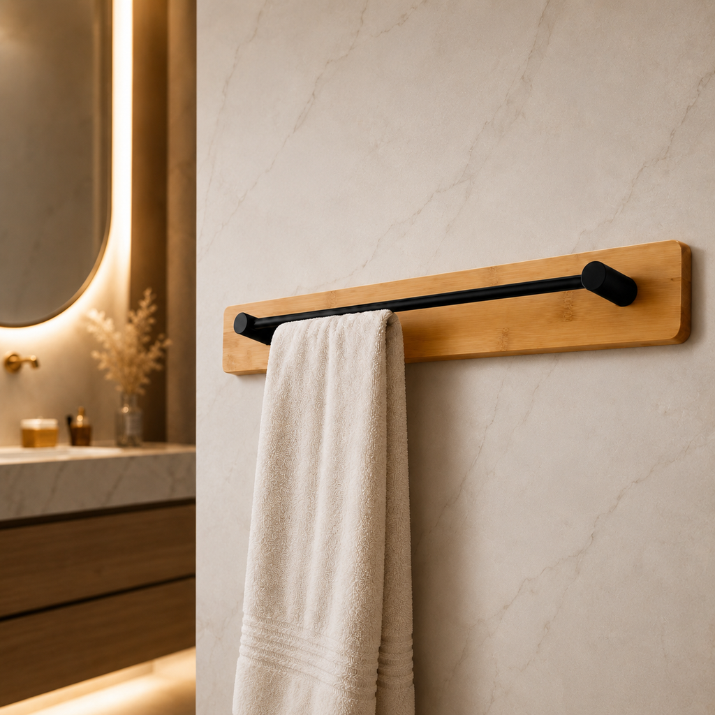 Suporte Porta Toalha de Banho Bambu Sem Furos com Adesivo Ultra Resistente