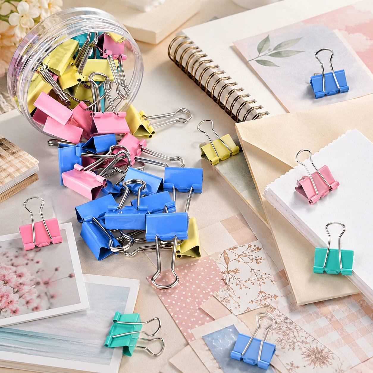Clips Prendedor de Papel 25mm Colorido com 48 Peças para Escritório e Papelaria