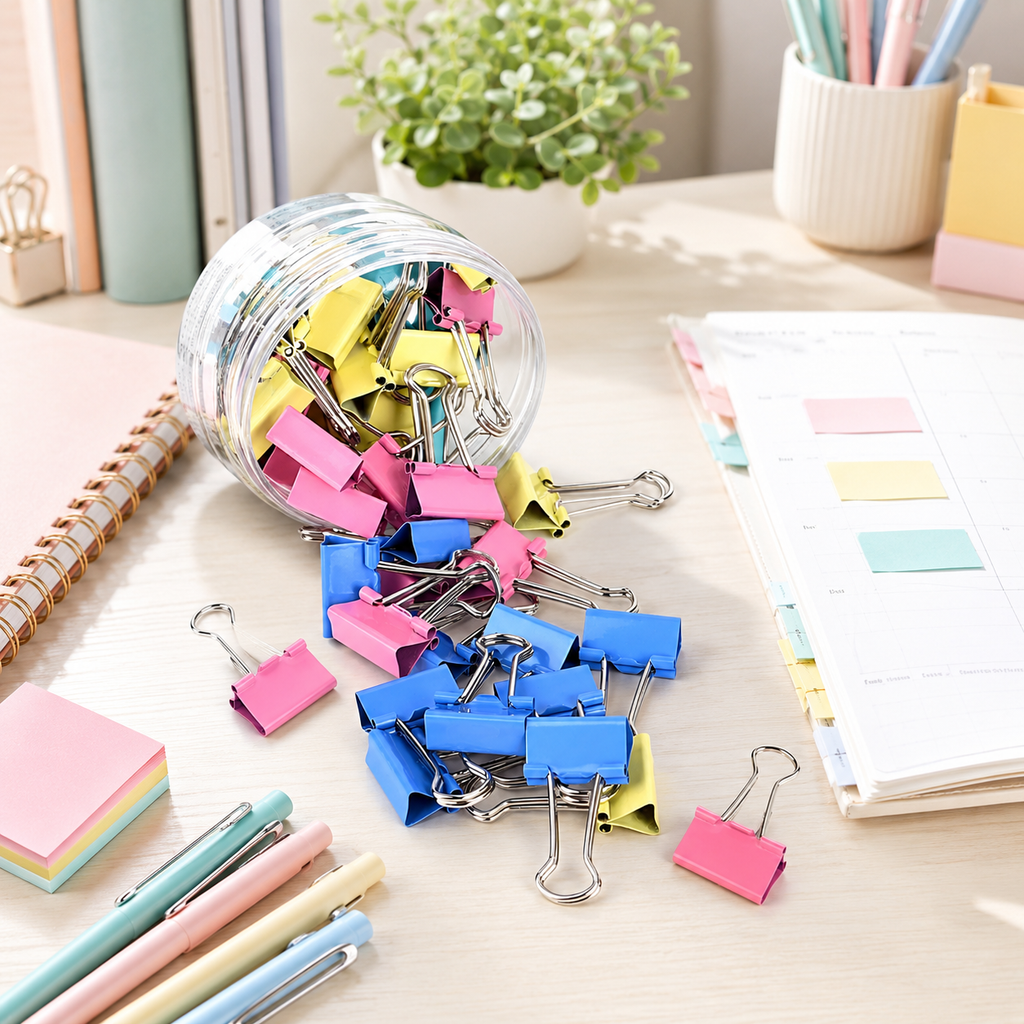 Clips Prendedor de Papel 25mm Colorido com 48 Peças para Escritório e Papelaria