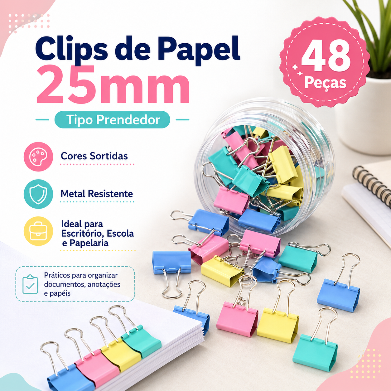 Clips Prendedor de Papel 25mm Colorido com 48 Peças para Escritório e Papelaria