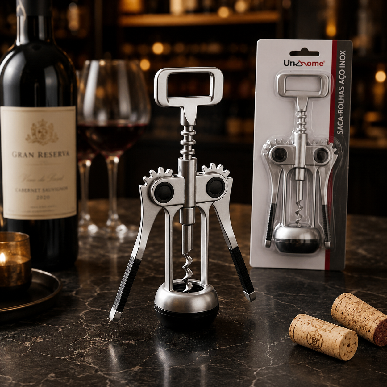 Saca Rolha Metal Abridor de Vinho Inox Manual Garçom Cozinha Bar