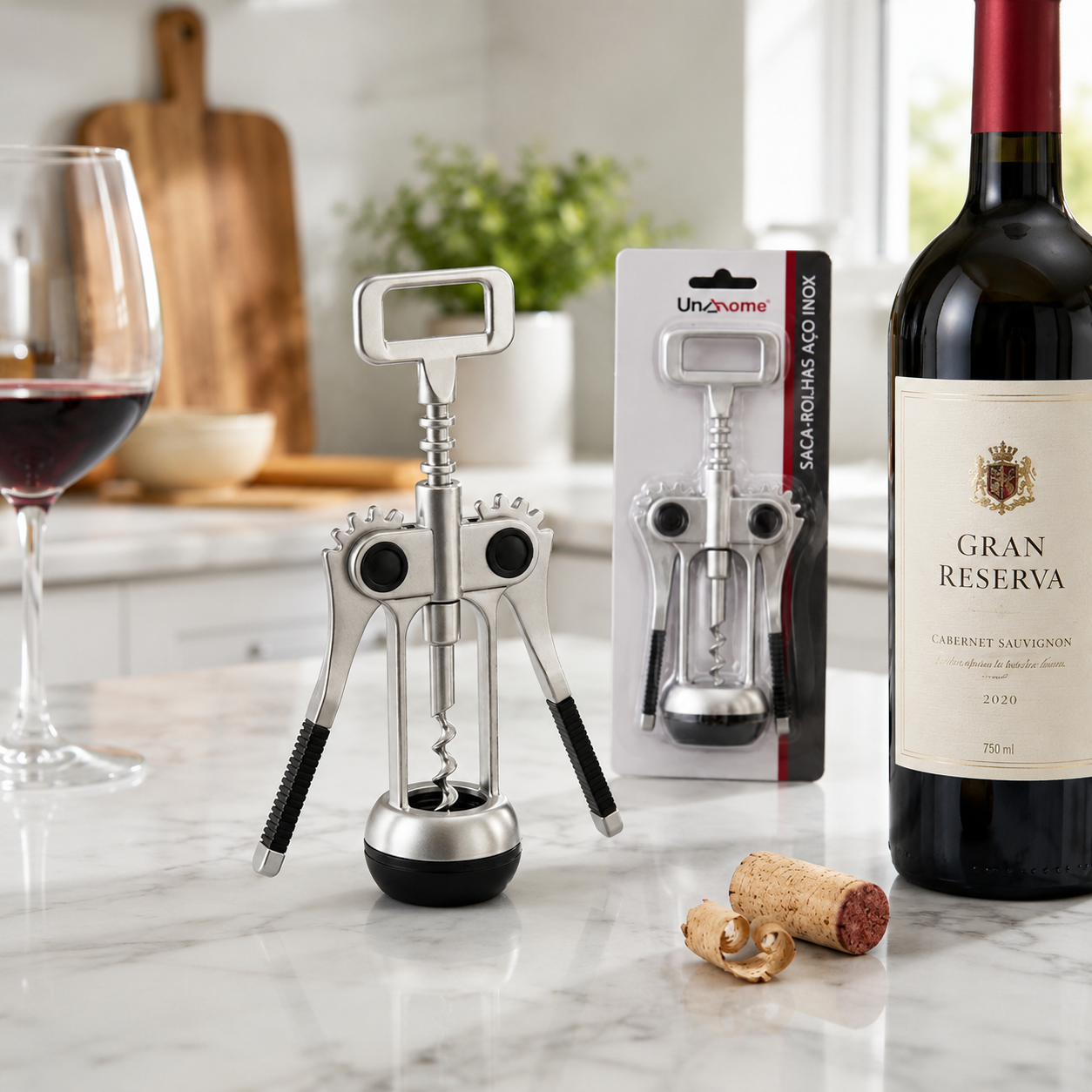 Saca Rolha Metal Abridor de Vinho Inox Manual Garçom Cozinha Bar
