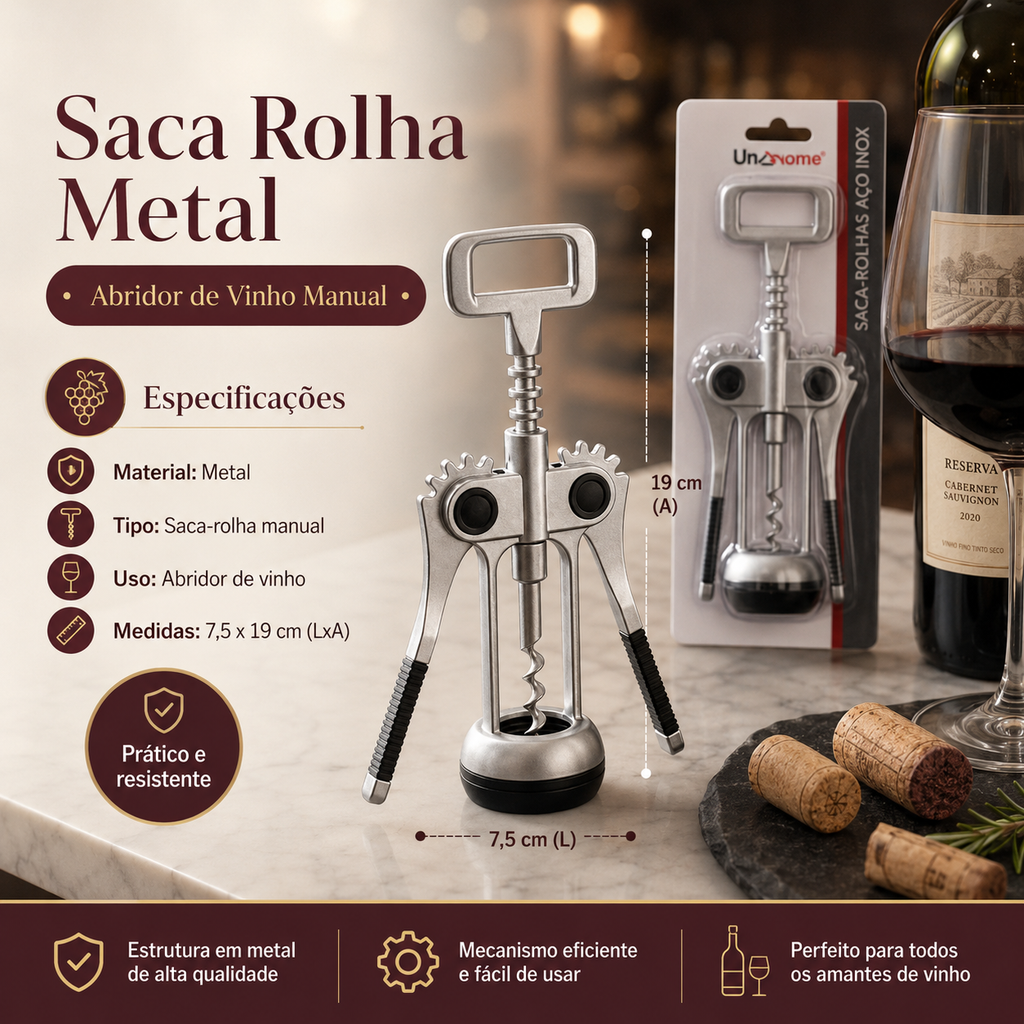 Saca Rolha Metal Abridor de Vinho Inox Manual Garçom Cozinha Bar