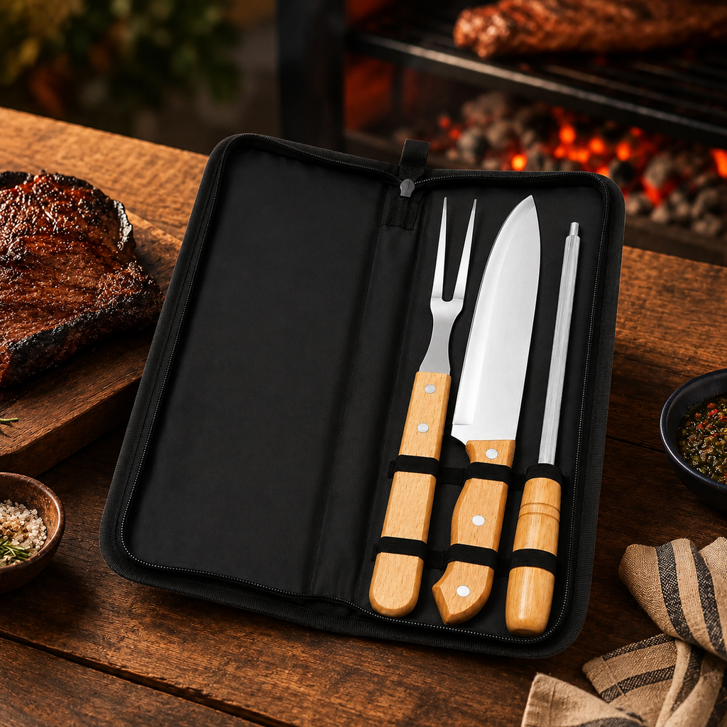 Kit Churrasco 3 Peças Aço Inox Cabo Madeira Com Estojo
