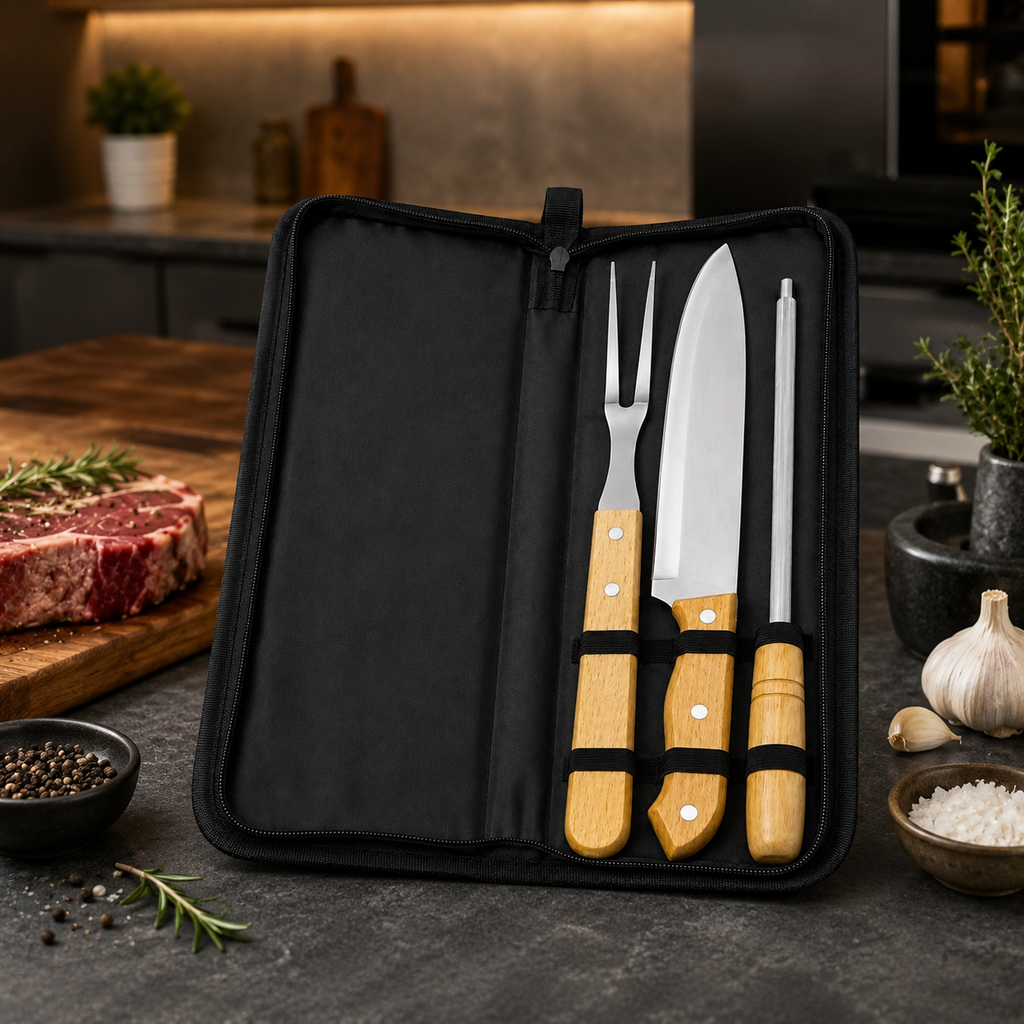 Kit Churrasco 3 Peças Aço Inox Cabo Madeira Com Estojo