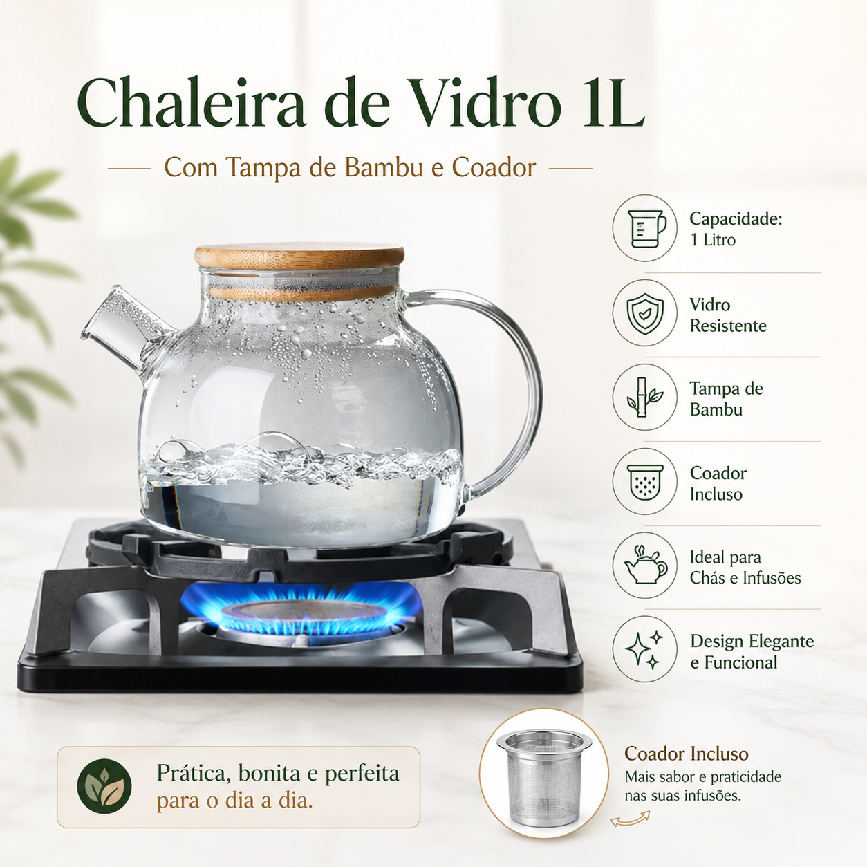 Chaleira De Vidro E 1l C/tampa De Bambu C/coador Resistente Marrom-claro
