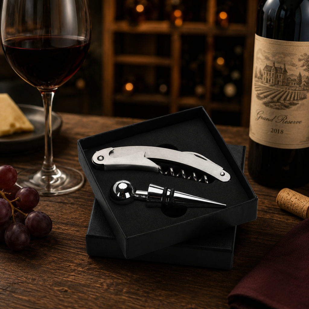Kit Acessórios Para Vinho Com Abridor Saca Rolhas E Estojo Preto