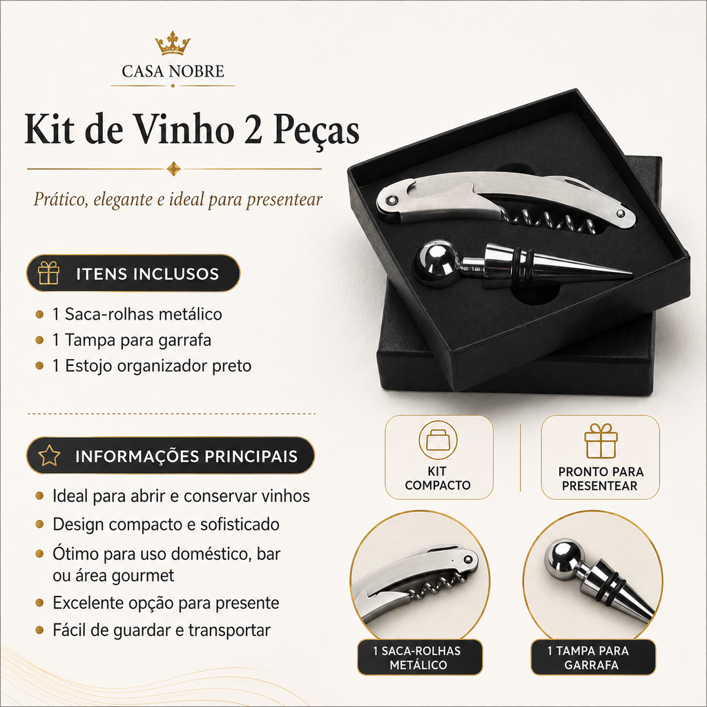 Kit Acessórios Para Vinho Com Abridor Saca Rolhas E Estojo Preto