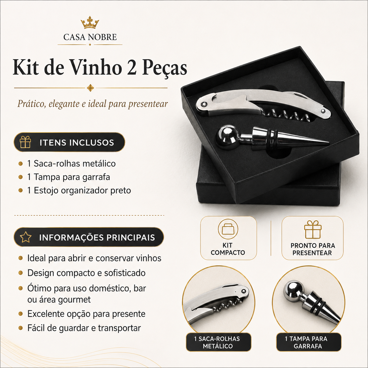 Kit Acessórios Para Vinho Com Abridor Saca Rolhas E Estojo Preto