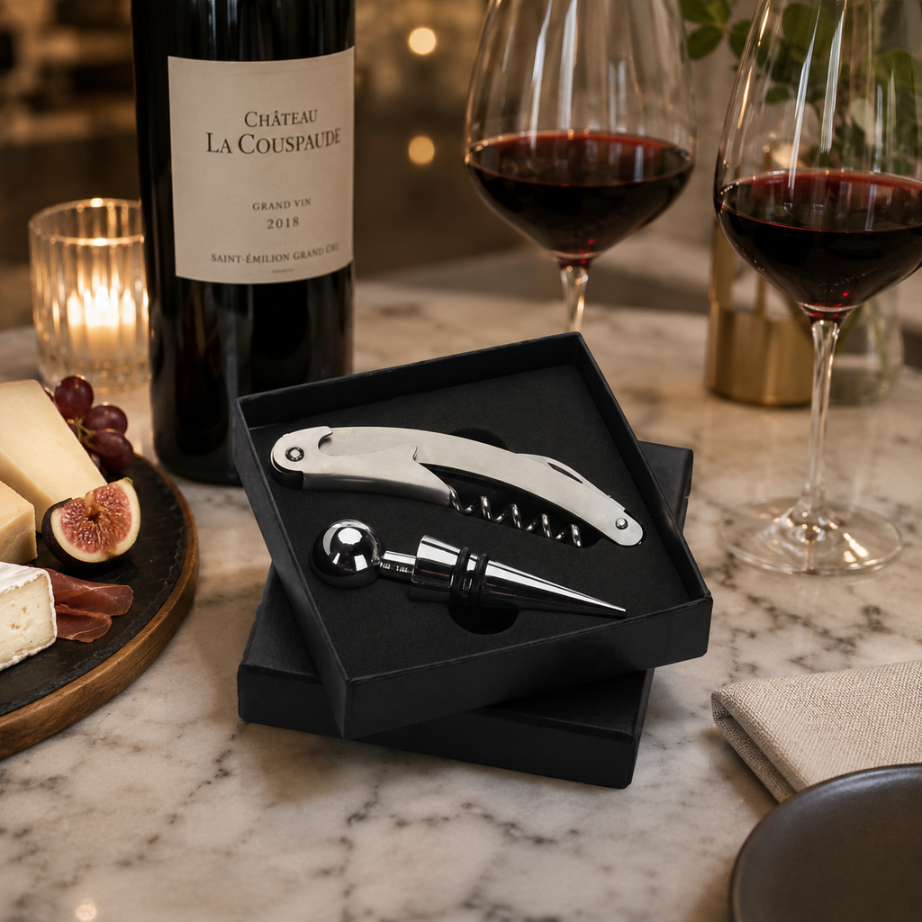 Kit Acessórios Para Vinho Com Abridor Saca Rolhas E Estojo Preto