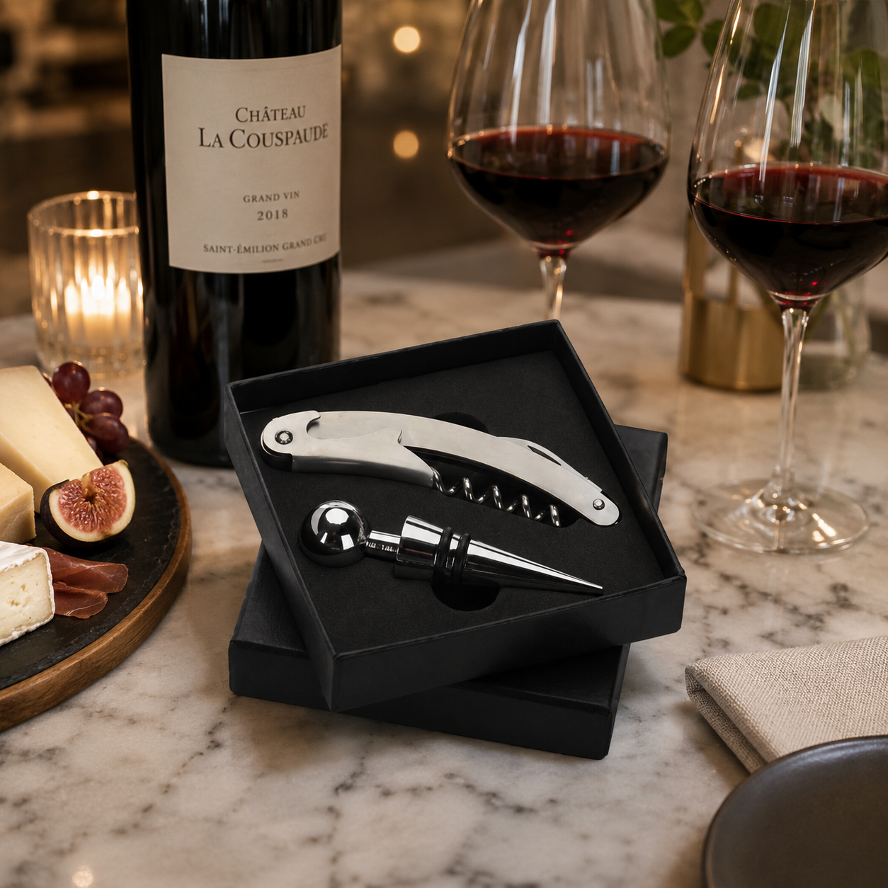 Kit Acessórios Para Vinho Com Abridor Saca Rolhas E Estojo Preto