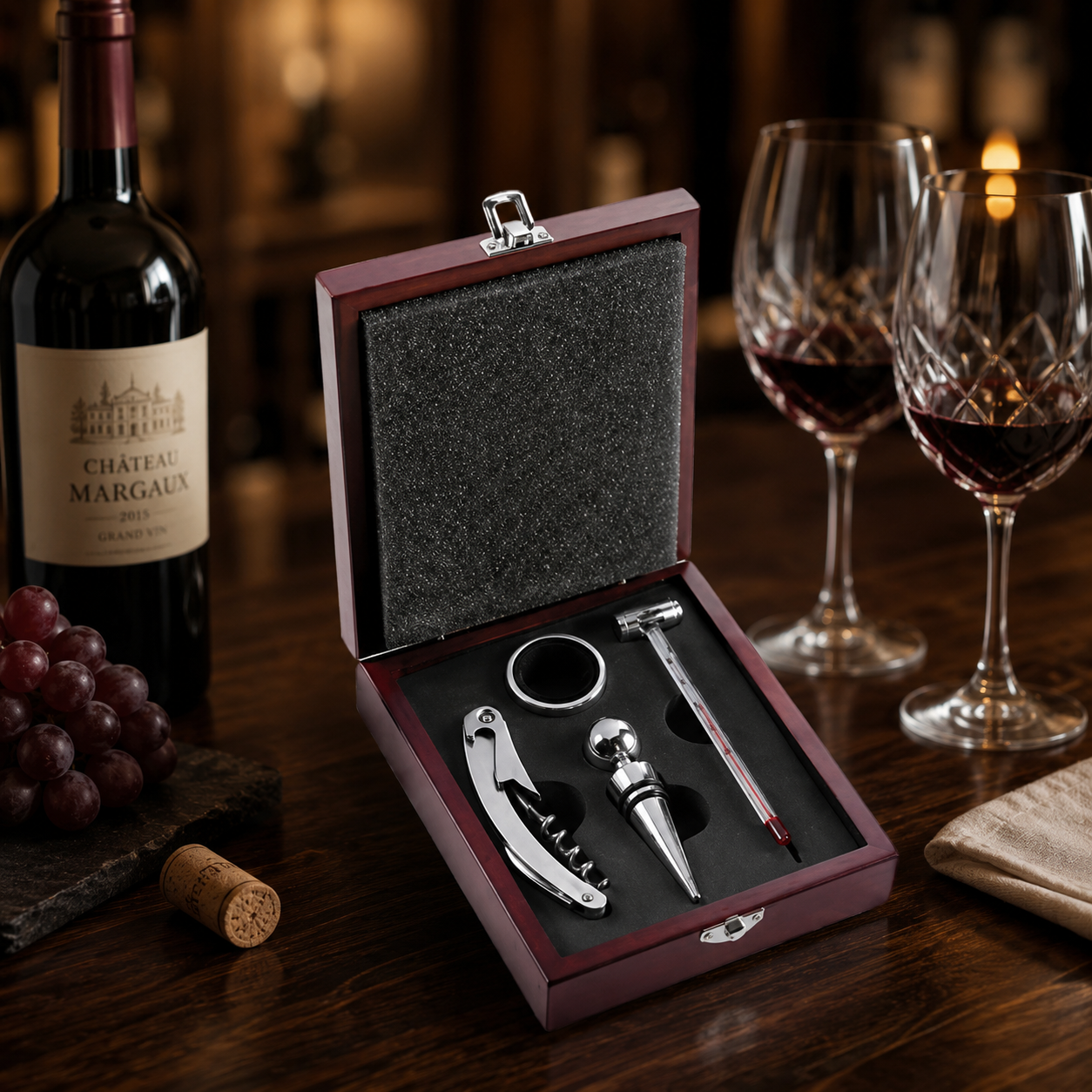 Kit de Vinho 4 Peças abridor saca rolha + cortador + Tampa + Anel salva gotas