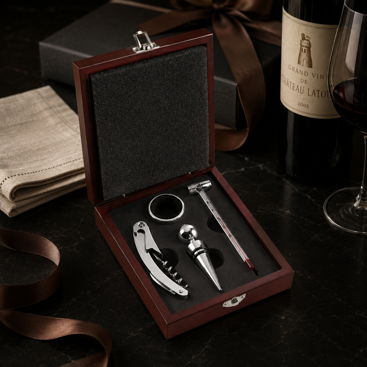 Kit de Vinho 4 Peças abridor saca rolha + cortador + Tampa + Anel salva gotas