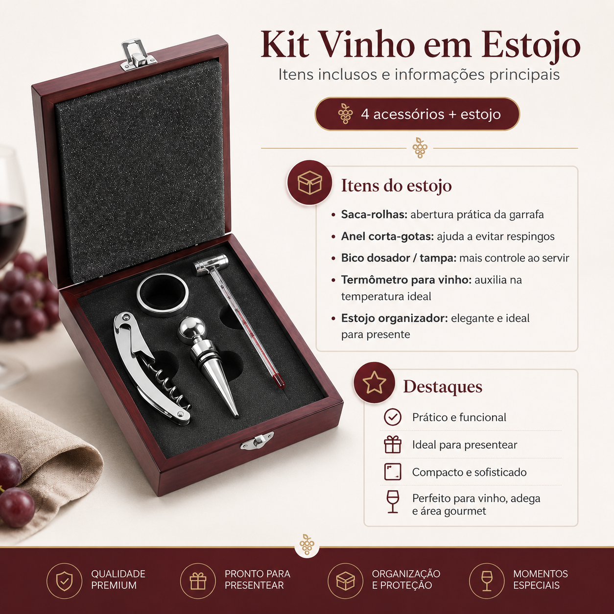 Kit de Vinho 4 Peças abridor saca rolha + cortador + Tampa + Anel salva gotas