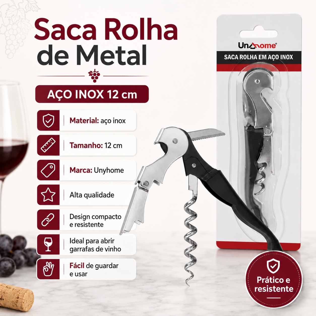 Saca Rolha de Metal Aço Inox 12 Cm
