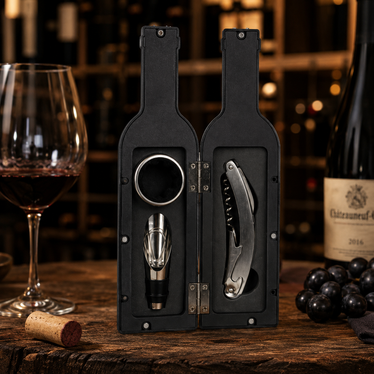 Kit Para Garrafa De Vinho 3 Peças Abridor Saca Rolha Anel Salva Gotas Derramador
