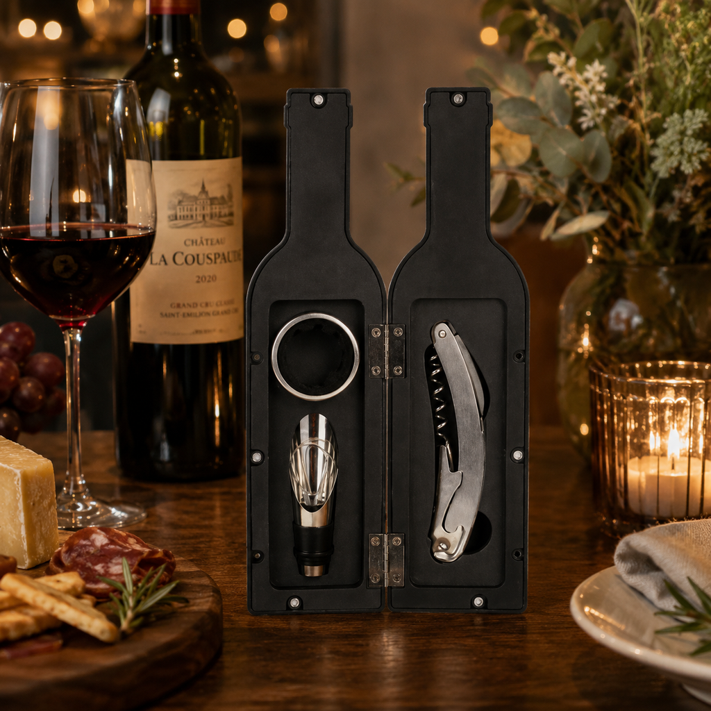 Kit Para Garrafa De Vinho 3 Peças Abridor Saca Rolha Anel Salva Gotas Derramador