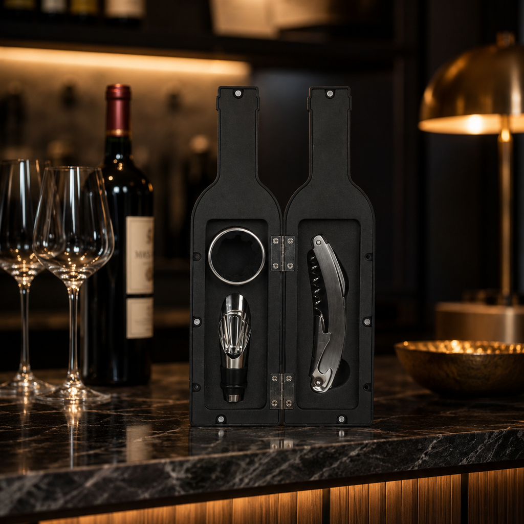 Kit Para Garrafa De Vinho 3 Peças Abridor Saca Rolha Anel Salva Gotas Derramador