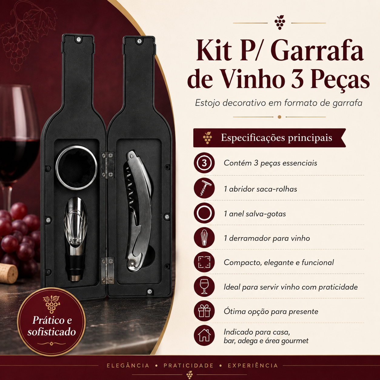 Kit Para Garrafa De Vinho 3 Peças Abridor Saca Rolha Anel Salva Gotas Derramador