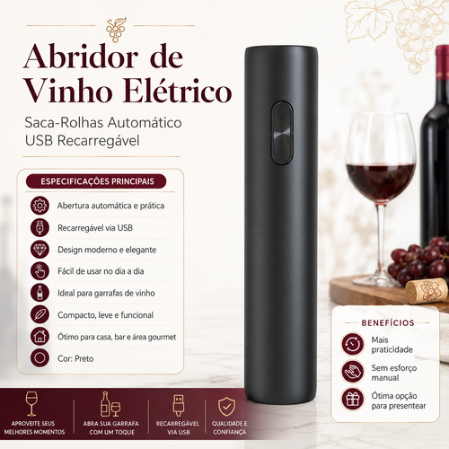 Abridor de Vinho Eléctrico Saca Rolhas Automático USB Recarregável