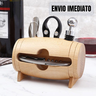 Kit de Vinho 5 Peças Com Suporte Barril Abridor Saca Rolha Cortador Tampa e Derramador