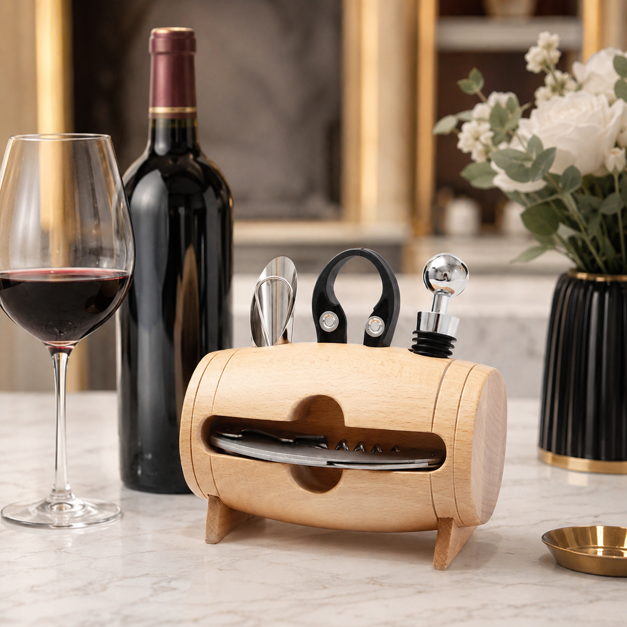 Kit de Vinho 5 Peças Com Suporte Barril Abridor Saca Rolha Cortador Tampa e Derramador