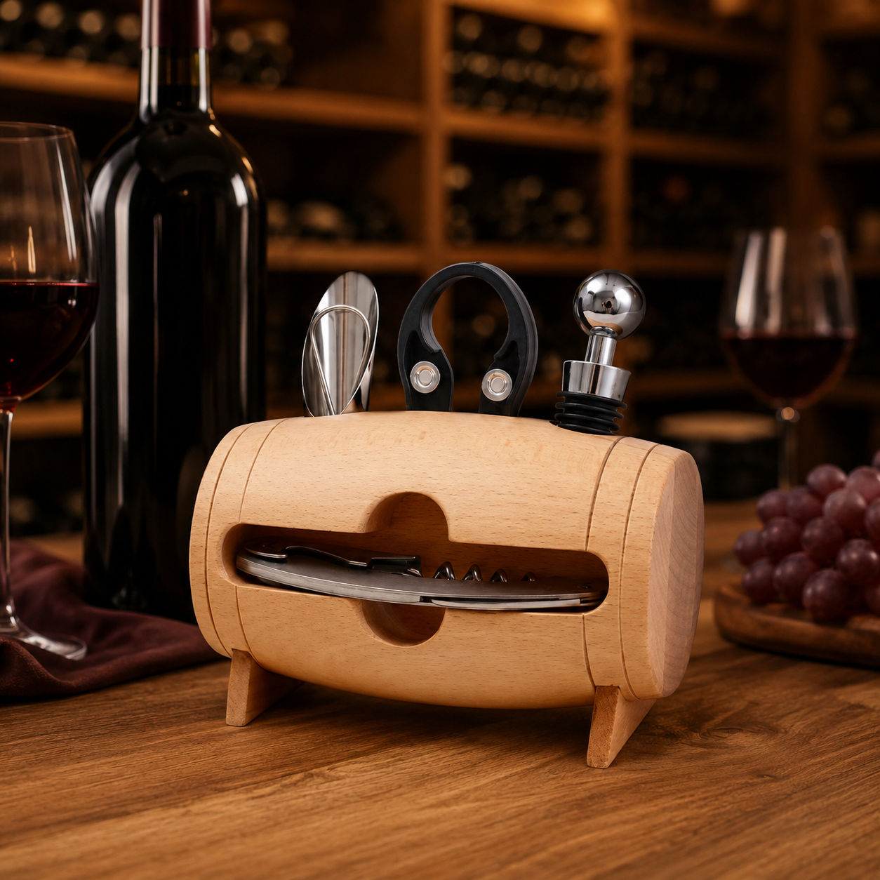Kit de Vinho 5 Peças Com Suporte Barril Abridor Saca Rolha Cortador Tampa e Derramador