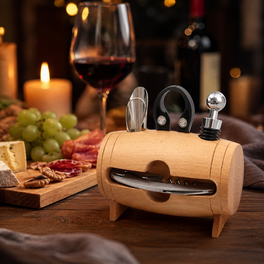 Kit de Vinho 5 Peças Com Suporte Barril Abridor Saca Rolha Cortador Tampa e Derramador