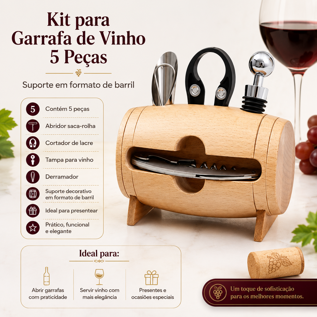 Kit de Vinho 5 Peças Com Suporte Barril Abridor Saca Rolha Cortador Tampa e Derramador