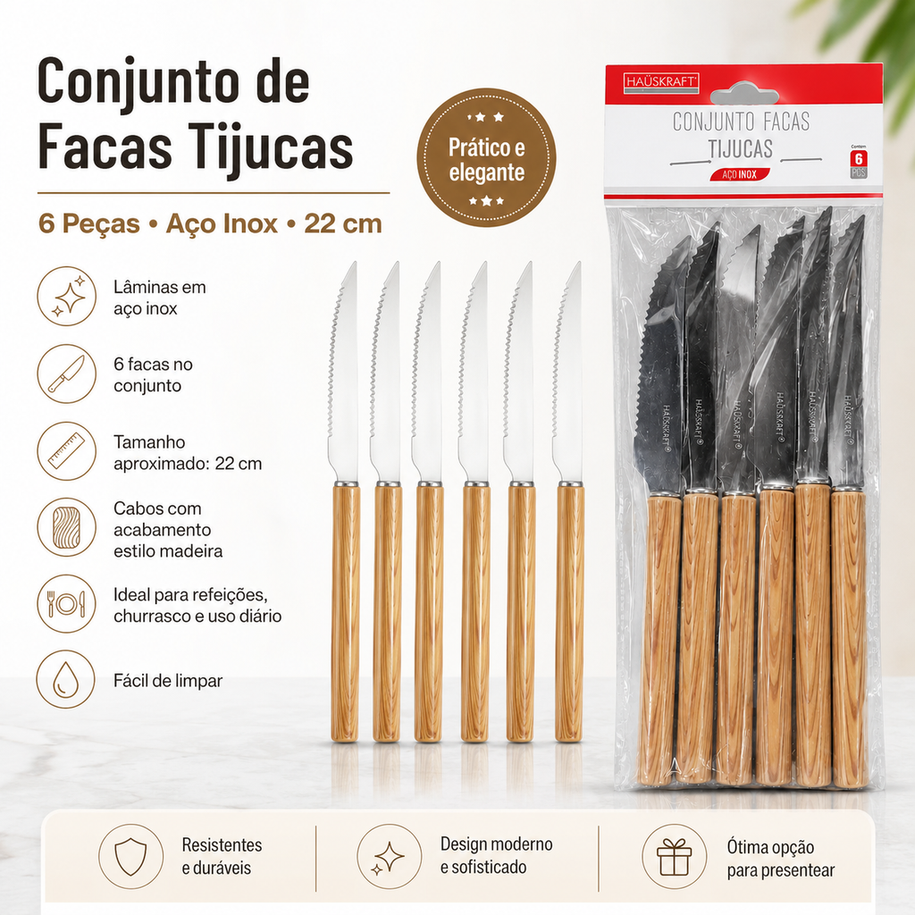 Conjunto de Facas Tijucas 6 Peças Aço Inox 22cm