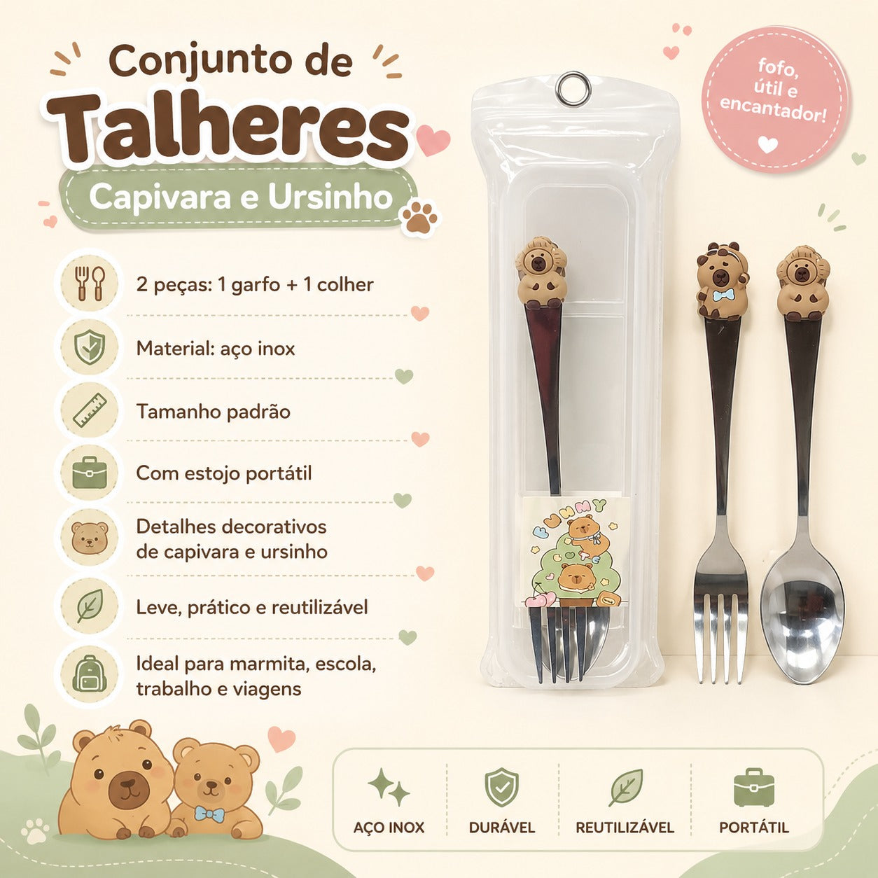 Conjunto de Talheres com Detalhe de Capivara e Ursinho – Garfo e Colher em Aço Inox