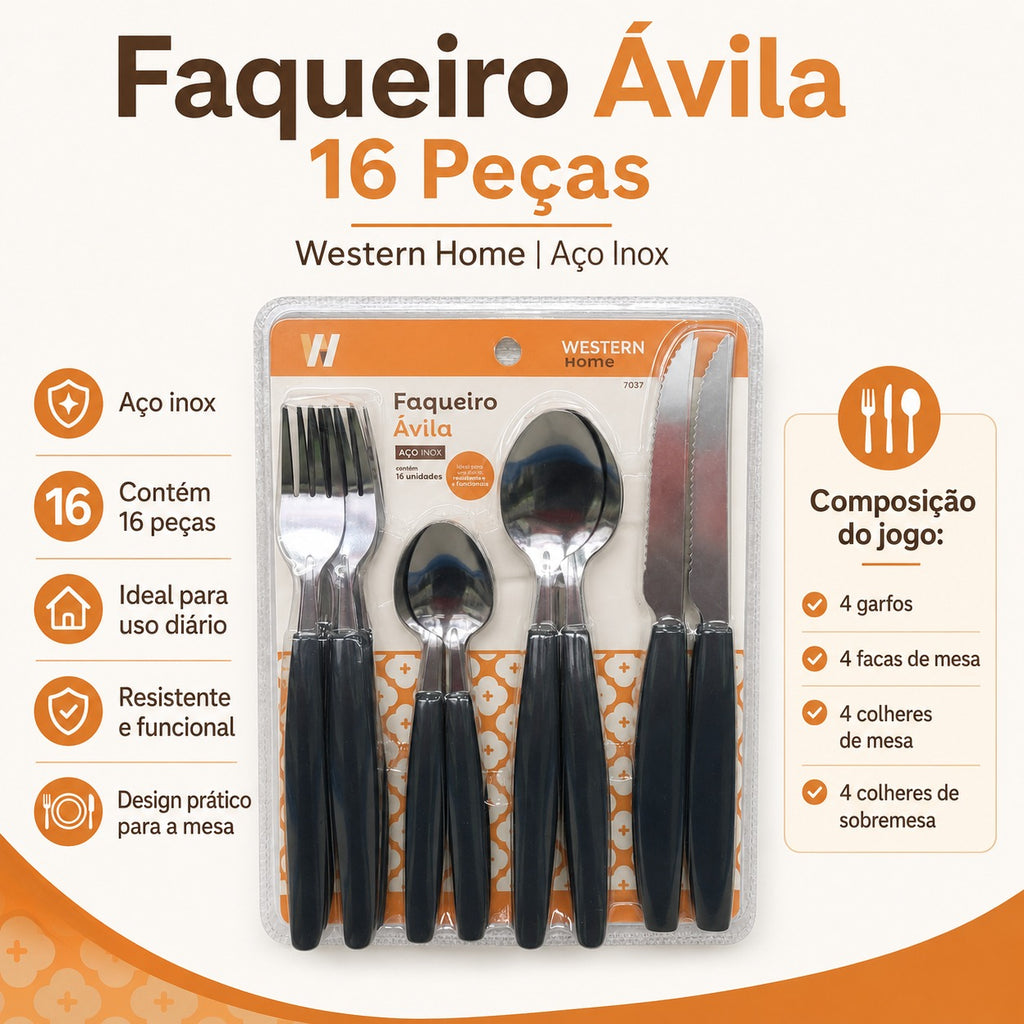 Faqueiro com 16 Peças Aço Inox Avila Western Home