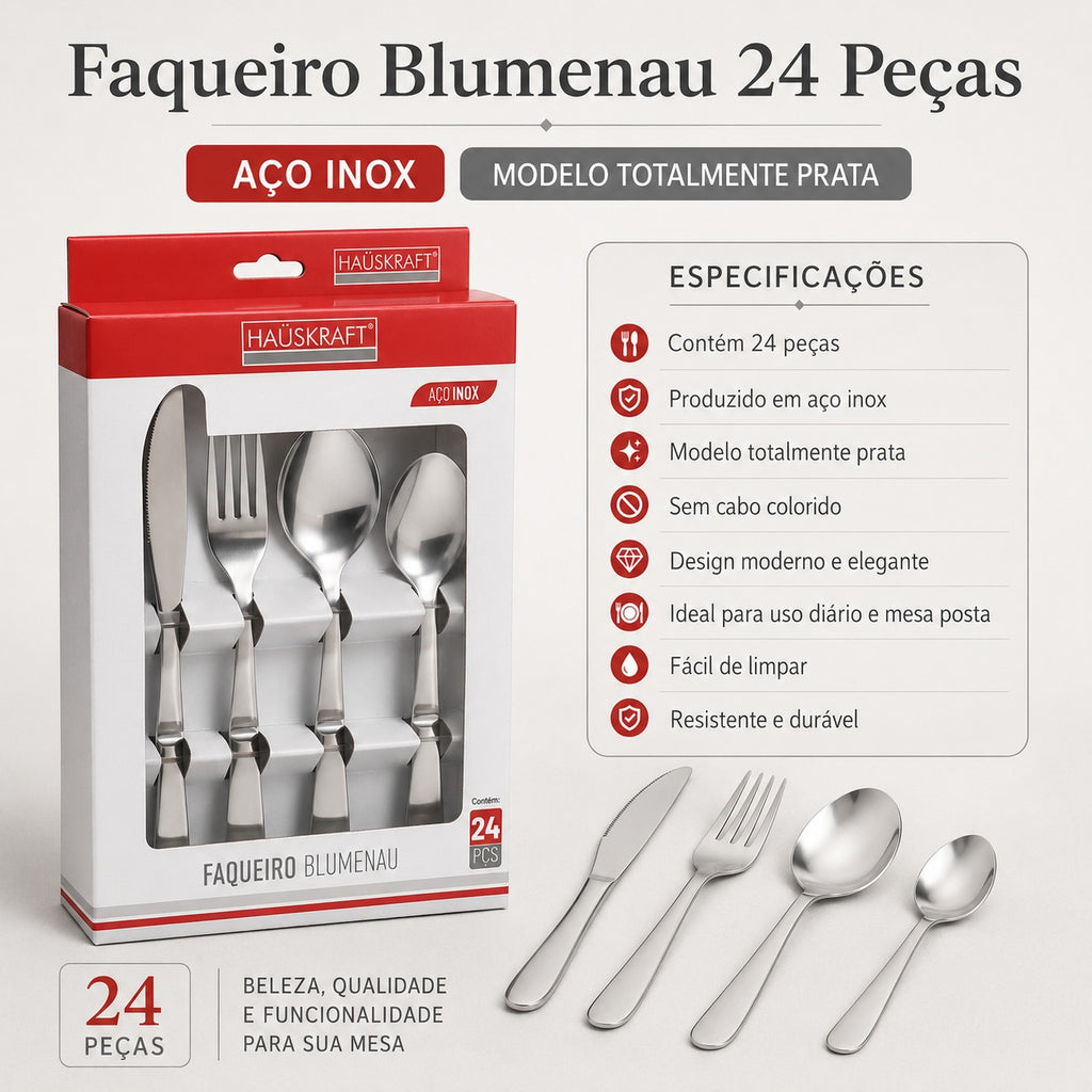 Jogo de Faqueiro Blumenau Prata com 24 Peças Açox Inox