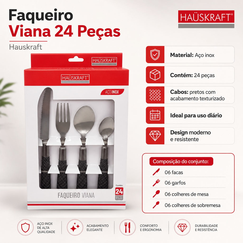 Jogo de Faqueiro 24 Peças Viana Aço Inox Cabo Texturizado