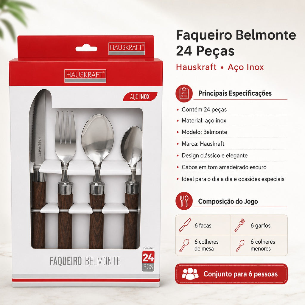 Jogo de Faqueiro Belmonte 24 Peças de Aço Inox