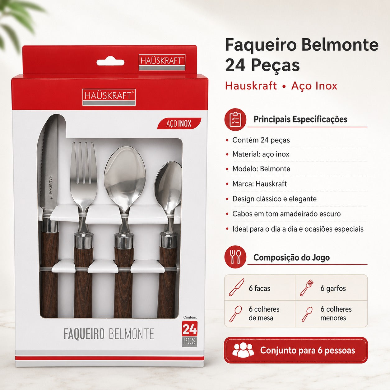 Jogo de Faqueiro Belmonte 24 Peças de Aço Inox