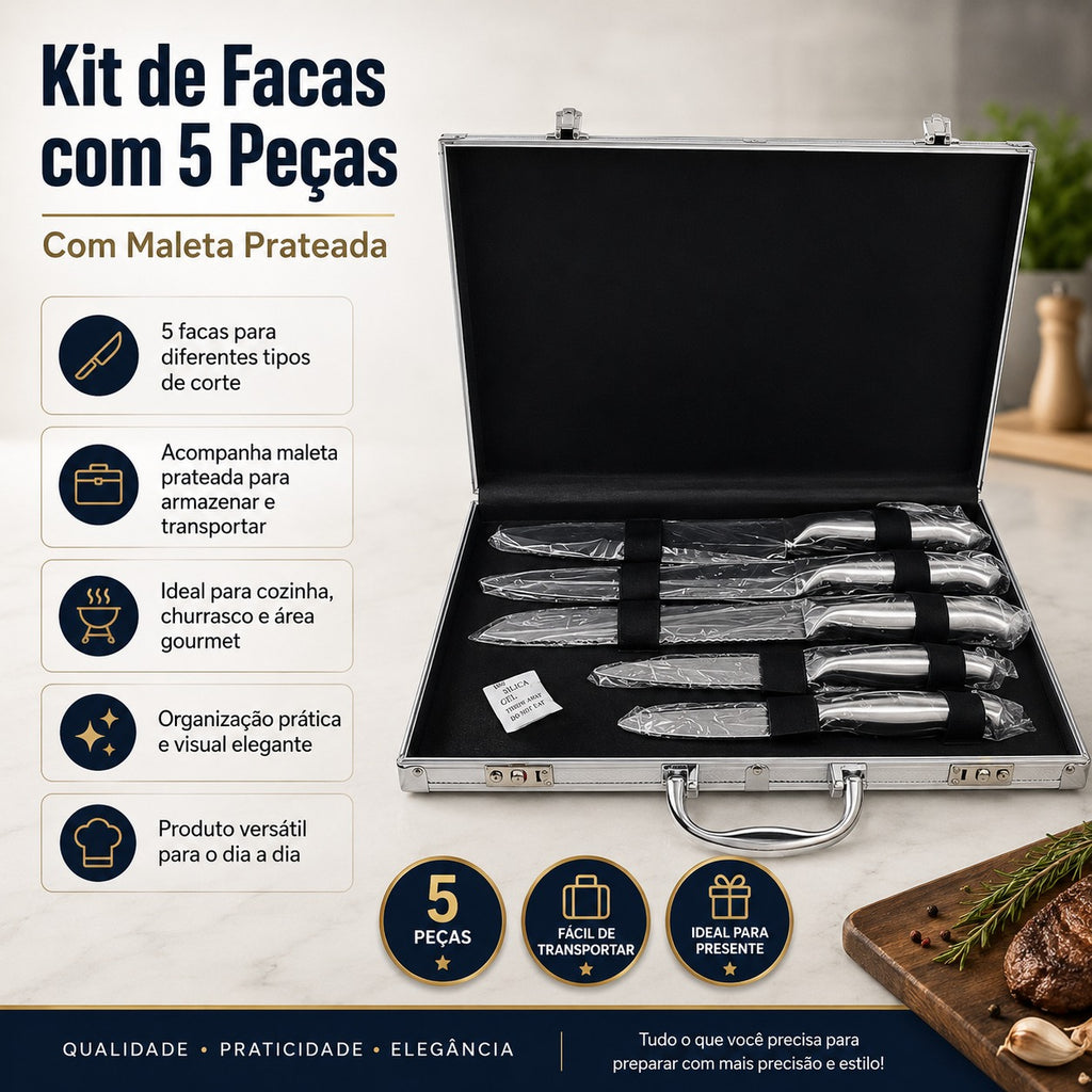 Kit de Facas Com 5 Peças e Maleta Prateada