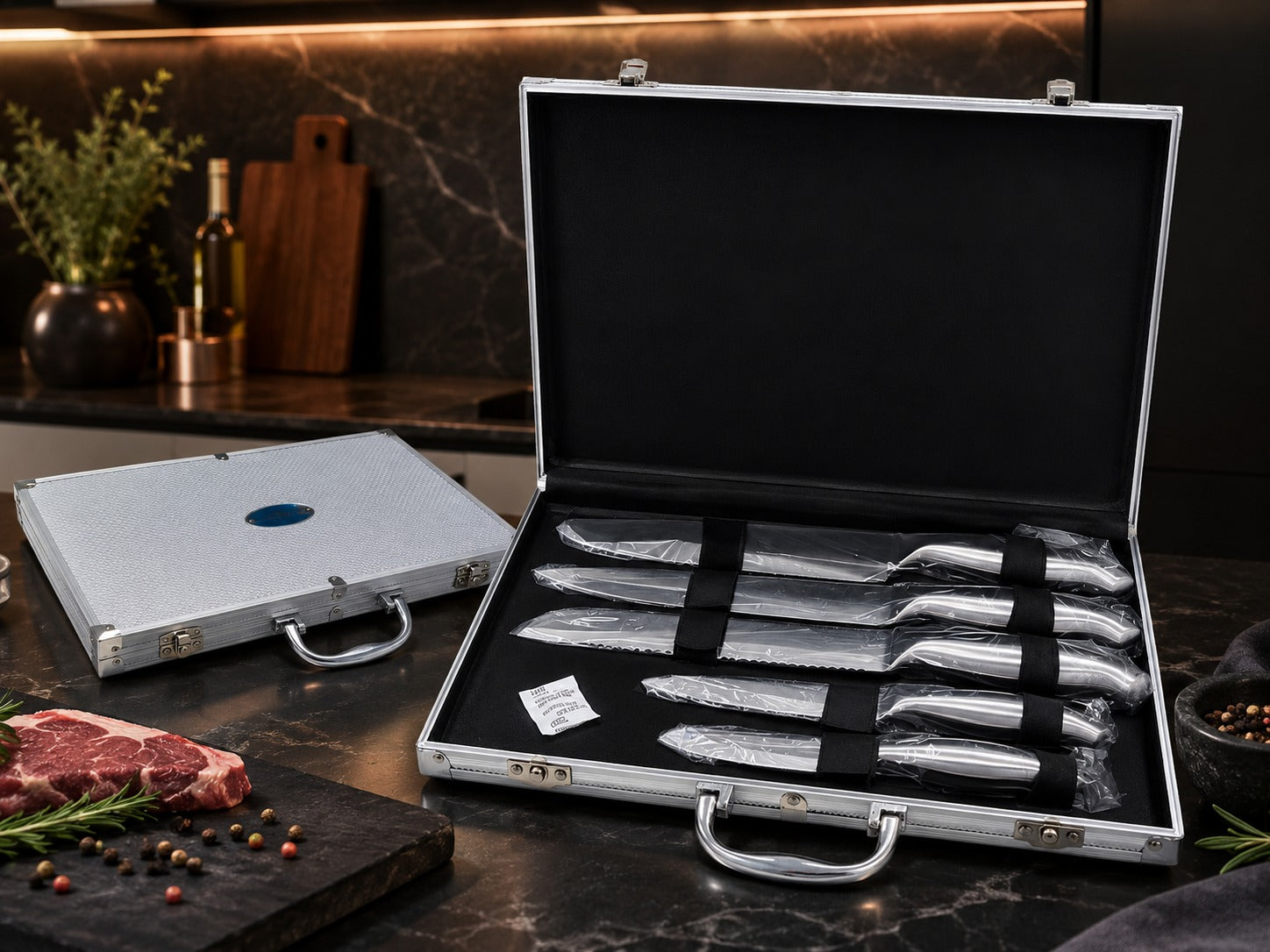 Kit de Facas Com 5 Peças e Maleta Prateada